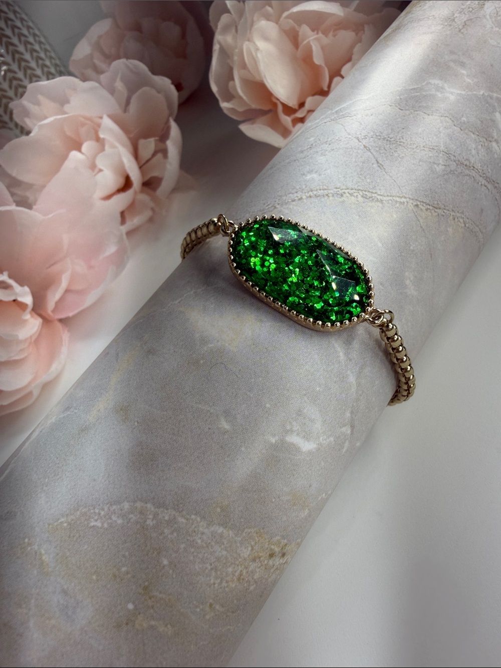Gold Bracelet with Green glitter Stone